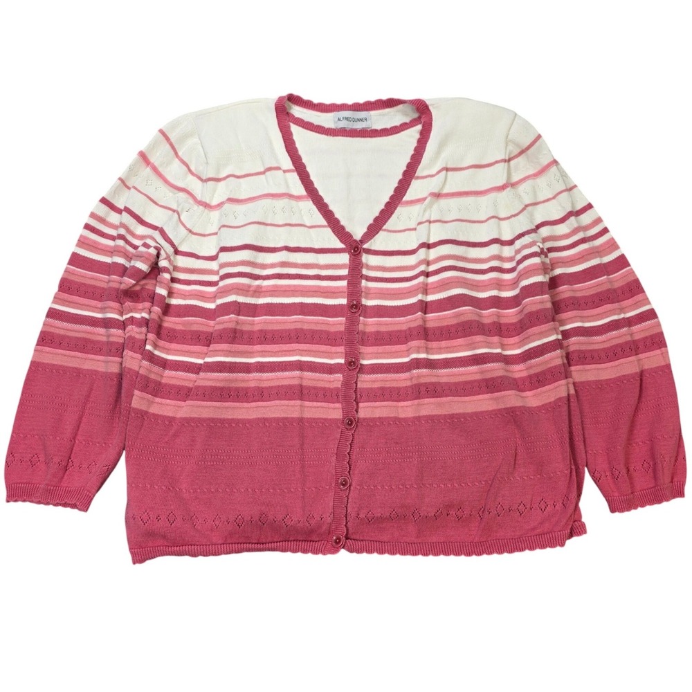 Alfred Dunner Striped Pointelle Knit Layered Cardigan Women's Size 1X Pink White
